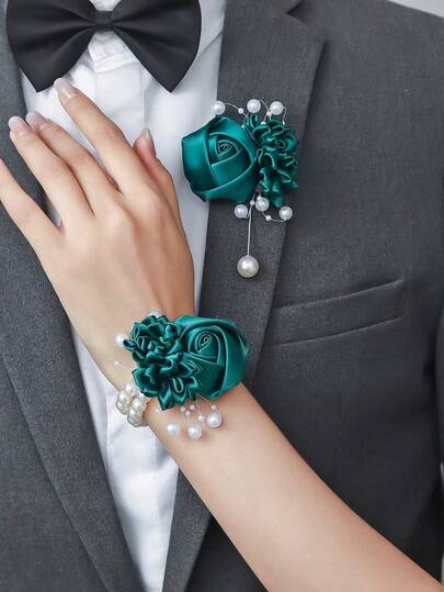 1pc/2pcs Dark Green Rose Flower With Beaded Corsage And Wristband, Suitable For Groom, Bride, Groomsman, Bridesmaid, Wedding, Engagement, Events, Parties, Anniversaries, School/Graduation Seasons
