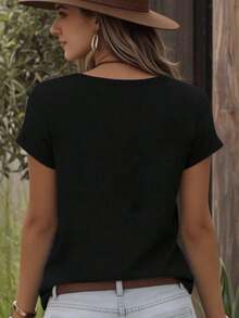 Camiseta de verano para mujer, estilo casual, talla grande, con estampado de corazón, cuello redondo, manga corta, adecuada para el verano, camisetas con estampados, tops para mujer. Moda. - Negro - Ver 2