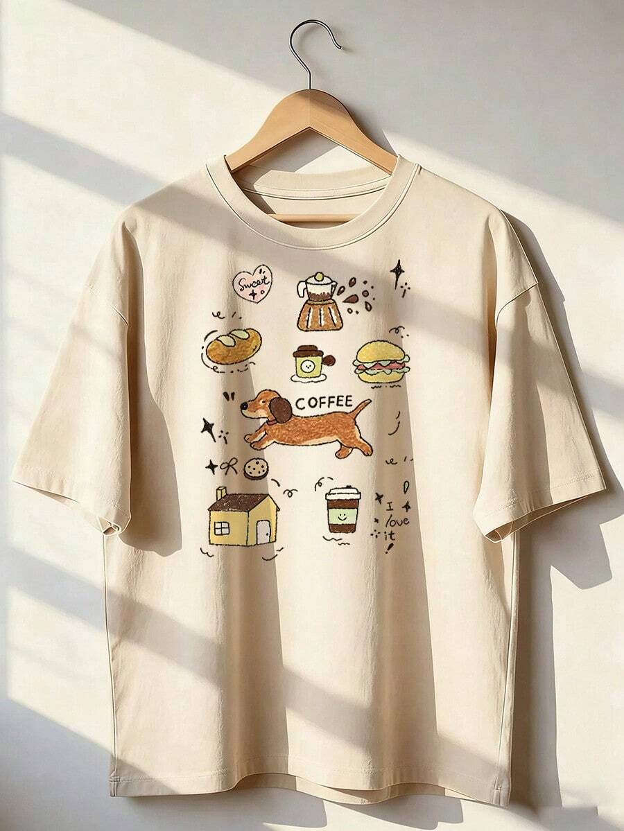 Cute And Relaxed Print Short-Sleeve T-Shirt, Fashionable Short-Sleeve T-Shirt For Spring And Summer 2026, Made In Mexico, 180 Grams. Cartoon Print, Couple Design, Suitable For Indoor Or Outdoor Wear. Crew Neck, Unisex, Ideal For Office And Leisure. One-Piece Pack. - APR-P631577SLNDXZGY444 - 查看 1