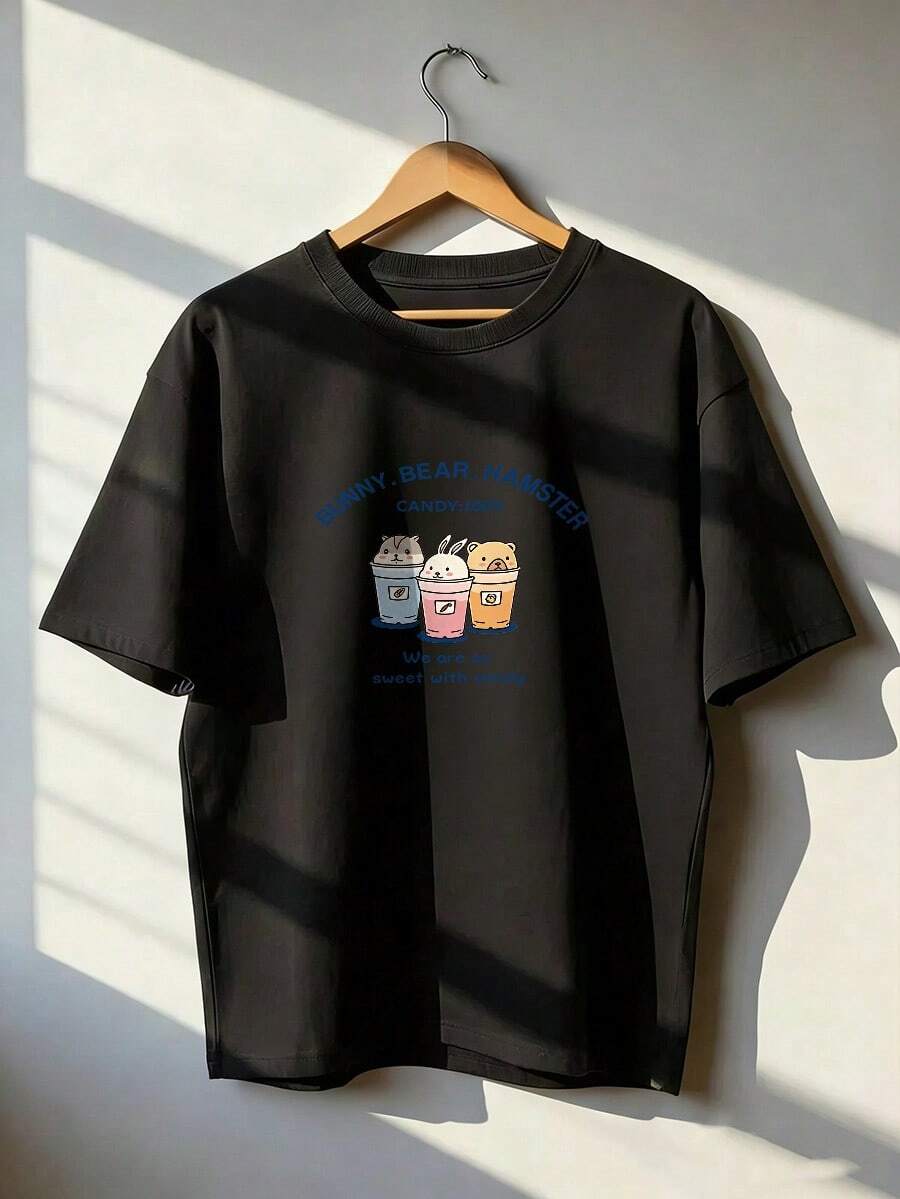 Short-Sleeve T-Shirt With Cute Characters, Fashionable Short-Sleeve T-Shirt For Spring And Summer 2026, Made In Mexico, 180 Grams. Cartoon Print, Couple Design, Suitable For Indoor Or Outdoor Wear. Crew Neck, Unisex, Ideal For Office And Leisure. One-Pack. - BK-P631577SLNDXZGY440 - 查看 1