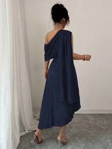 Raffinéa Vestido largo de mujer elegante de gasa con un hombro, plisado, brillante, para primavera/verano - Azul marino - Ver 2