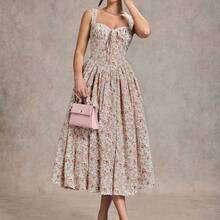 Elegante vestido sin mangas con estampado floral para mujer, adecuado para citas, vacaciones, fiestas de té, discotecas y reuniones, día de San Valentín, trajes de San Valentín para mujeres - Rojo - Ver 5
