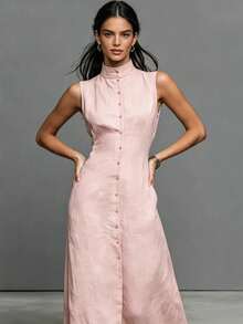 Minimalist Style Single-Neck Sleeveless Maxi Linen Dress - 粉色 - 查看 4
