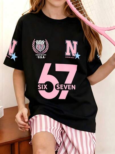 Girls' Oversized Retro 67 Graphic Tee, Loose Fit Casual Sports Style Short Sleeve T-Shirt, Summer