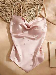 Camiseta de tirantes casual y versátil con decoración de perlas falsas para uso diario - Rosa - Ver 4