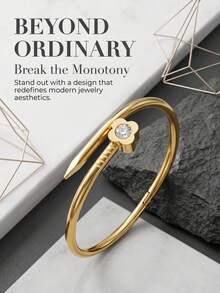 1 pieza Brazalete abierto de acero inoxidable con trébol de cristal de alta gama y versátil, adecuado para ocasiones formales de mujeres - Pulsera abierta - Ver 4