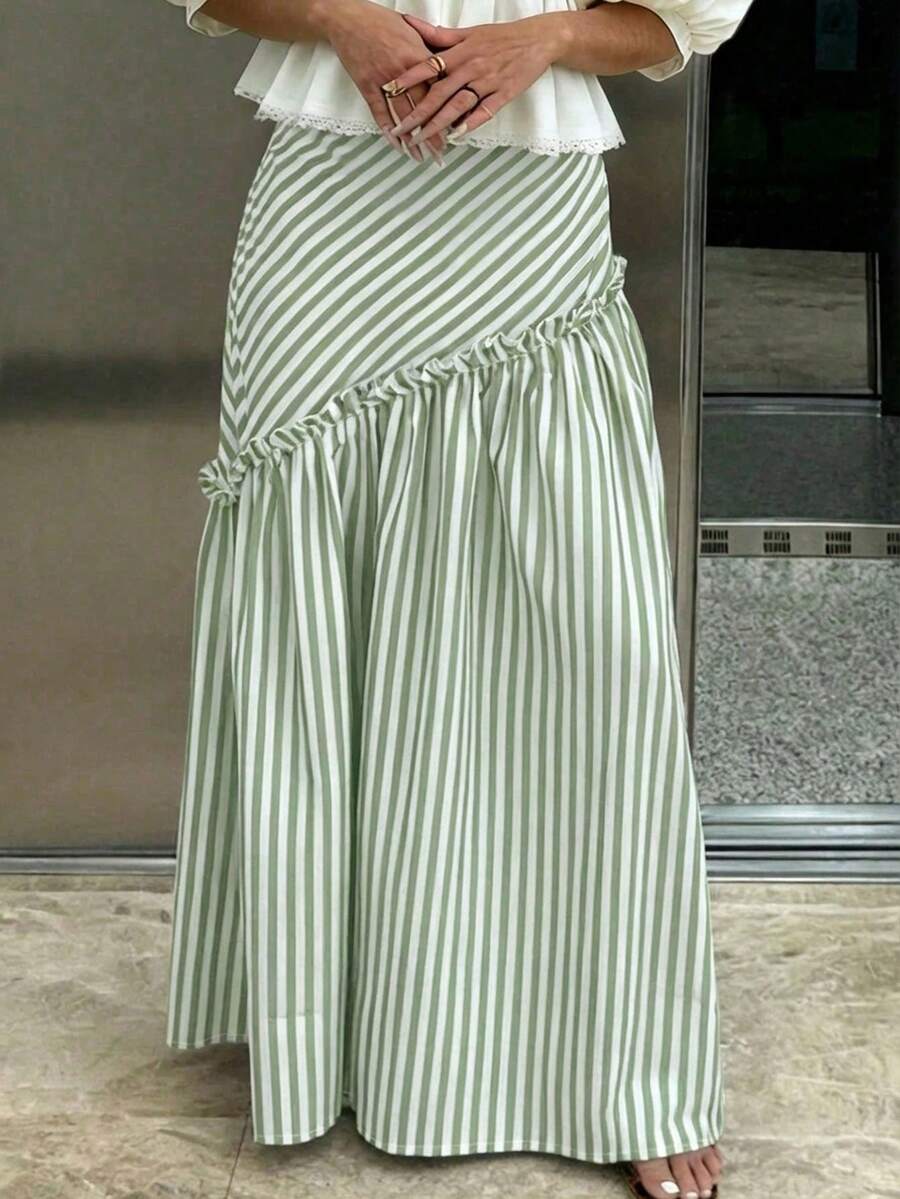 Plus Size Women's Casual A-Line Striped Ruffle Hem Versatile Skirt, Spring - Mint Green - View 1