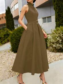 Elegant Women's Dress With A Tie Waist And A-Line Silhouette, New Spring/Summer And Fall/Summer Styles, Sleeveless With A V-Neck, Suitable For The Office Or Everyday Wear In Black. - 柿子2 - 查看 3