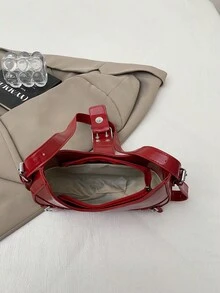 1pc White PU Leather Y2K Gothic Style Rivet Decor Shoulder Bag, Retro Fashion, Suitable For Daily Commute, Crescent-Shaped Tready Ladies Handbag - Red - View 4