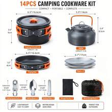 Cepasei 8/14Pcs Camping Cookware Mess Kit, Portable Non-Stick Aluminum Alloy Cookware, Kettle Pot Frying Pan Plates Forks Knives Spoons For Camping, Backpacking, Outdoor Cooking - Orange - View 3