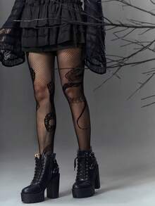1双蛇纹女士紧身裤，性感高腰印花渔网紧身裤 - 黑色 - 查看 4