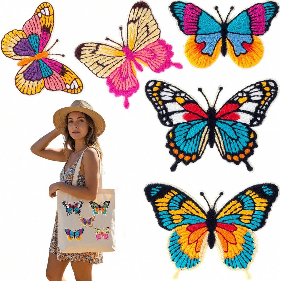 5pcs Colorful Self-Adhesive Butterfly Patches, 5 Styles For Sewing Embroidery Applique, Suitable For Clothing, Cute Stick-On Butterfly Repair Stickers Decor For Clothes, Bags And Hats - Multicolor - View 1