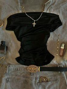 Camiseta casual de manga corta, unicolor, con hombros descubiertos, plisada y ajustada, para verano - Negro - Ver 8