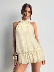Vestido casual de verano para mujer con cuello halter, unicolor y volantes en el bajo - Rojo cereza - Ver 8