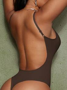 1pc Women's Seamless Backless Bodysuit With Tummy Control - Brown - View 4