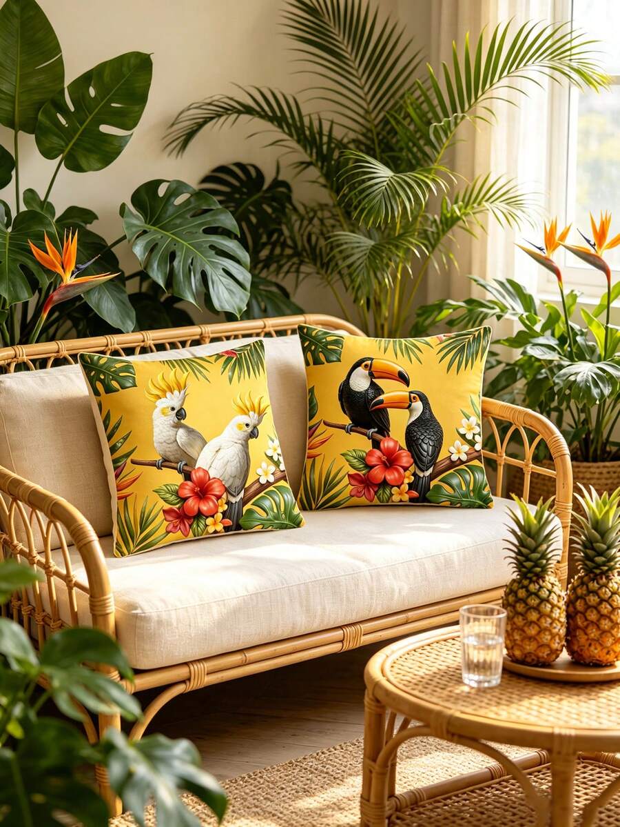 2/4pcs Vivid 3D Tropical Bird Print Pillow Covers, Colorful Parrot & Toucan With Mango Flower Pattern Decorative Cushion Covers, Boho Summer Jungle Theme Indoor Outdoor Patio Home Decor Pillow Shams, Pillow Insert Not Included - Multicolor - View 1