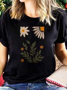 Women's T-Shirts 2026 New Popular Women's T-Shirt, White With Floral Print, Short Sleeve, Daisy And Leaf Design, Women's Casual Summer Top, Fun Print, Round Neck, Short Sleeve, Suitable For Sports Events, Parties, Outings, Sports And Other Festive Gifts. - 黑色 - 查看 5