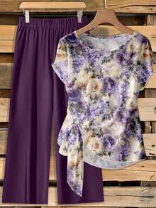 Conjunto de 2 piezas de blusa con lazo y pantalones de pierna recta para mujer - Multicolor 10 - Ver 5