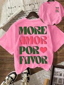 Áo thun nữ tay ngắn cổ tròn, kiểu dáng thường ngày, in chữ "MORE AMOR POR FAVOR" màu hồng cánh sen, in khẩu hiệu, thích hợp mặc mùa hè. - Màu Hồng baby - Xem 1
