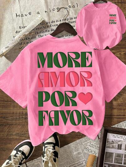 MORE AMOR POR FAVOR' Fuchsia Letter Slogan Graphic T-Shirt, Women's Casual Round Neck Short Sleeve Tee, Summer Clothes