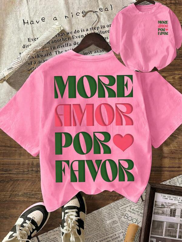 Áo thun nữ tay ngắn cổ tròn, kiểu dáng thường ngày, in chữ "MORE AMOR POR FAVOR" màu hồng cánh sen, in khẩu hiệu, thích hợp mặc mùa hè.