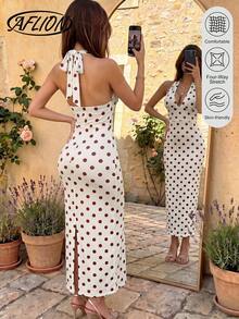 Aflion Vestido elegante y de mujer - Vestido de tirantes con lunares blancos y burdeos - Cuello en V profundo, espalda descubierta, cintura con lazo, ajustado, elástico y suave con caída, adecuado para, cita y vacaciones - Blanco - Ver 6