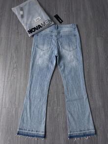 Jeans acampanados para hombres, jeans acampanados ajustados y desgastados, jeans apilados Y2K, jeans bordados con lavado de contraste, aptos para todas las estaciones - Azul - Ver 4