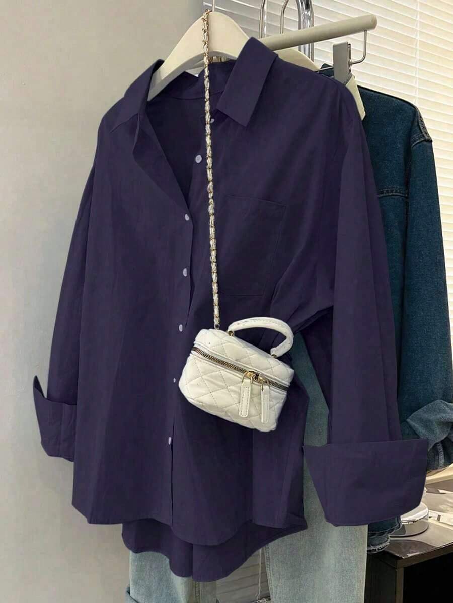 Camisa casual de mujer de unicolor, de manga larga, de un solo pecho y con bolsillo - Azul marino - Ver 1