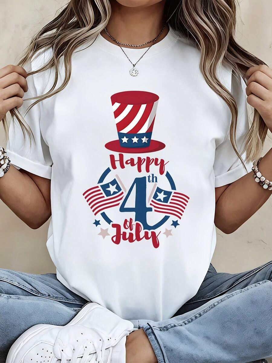 Happy 4th Of July Patriotic T Shirt Women Independence Day Celebration Red White Blue Stars And Stripes Top Casual Summer Outfit - 白色 - 查看 1