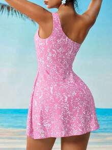 Swim Lushoire Vestido de baño de una pieza con control de abdomen y estampado azul y blanco para vacaciones de verano - Rosa Pálido - Ver 2