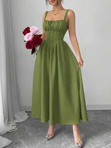 Vestido largo de verano 2025 de color rojo sólido, elegante y con volantes, lazo delantero, espalda con tirantes, cintura asimétrica estilizadora y bajo en forma de A, ideal para el Día de San Valentín y las vacaciones - Verde - Ver 3