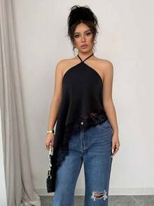 Nuevo top de verano para mujer con cuello halter, color negro, cuello con lazo, bajo asimétrico con adorno de encaje, top sexy de mujer, blusa sin mangas ajustada con decoración de encaje lujosa y espalda descubierta, adecuado para fiestas, cócteles, ocasiones formales y casual de negocios, atuendo de playa para mujer - Negro - Ver 5