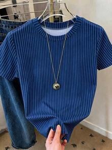 Camiseta de manga corta de cuello redondo a rayas para mujer, de uso versátil y casual para uso diario - Multicolor 4 - Ver 4