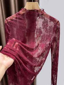 Camiseta interior de cuello alto de encaje, top de manga larga de malla de moda informal - Burdeos - Ver 4
