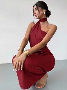 Vestido suelto con mangas acampanadas asimétricas de color marrón moca para mujer, vestido largo de moda, ropa de primavera/verano, adecuado para ir al trabajo, elegante, sexy, vacaciones, playa, estilo bohemio, Hawái, festivales de música, fiestas, atuendo de trabajo - Burdeos - Ver 4