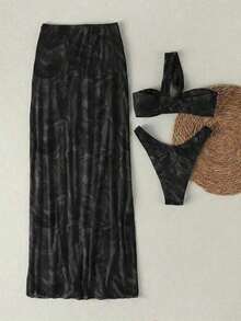 Conjunto de traje de baño de 3 piezas para mujer, con camiseta sin mangas de estilo casual y elegante con estampado de lunares en blanco y negro, bikini con tanga y volantes con lazo y abertura alta, esencial para la playa, vacaciones y fiestas - Negro - Ver 3