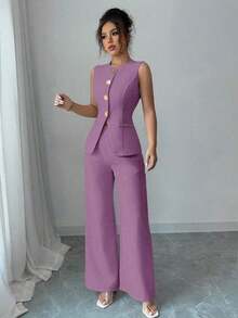 Traje casual/de trabajo elegante de mujer con decoración de botones florales - Púrpura malva - Ver 5