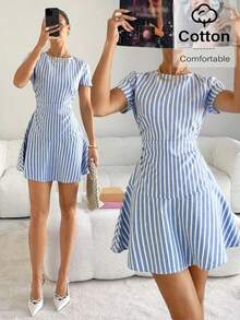 Vestido corto casual de mujer con cuello redondo y mangas cortas, vestido corto casual de manga corta, vestido corto casual de verano, vestido de mujer de nueva llegada a rayas - Azul y blanco - Ver 7