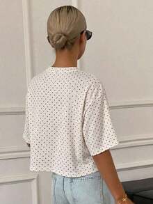 Blusa casual de verano para mujer con cuello redondo, manga corta suelta y 3D plisada con flor - Blanco - Ver 2