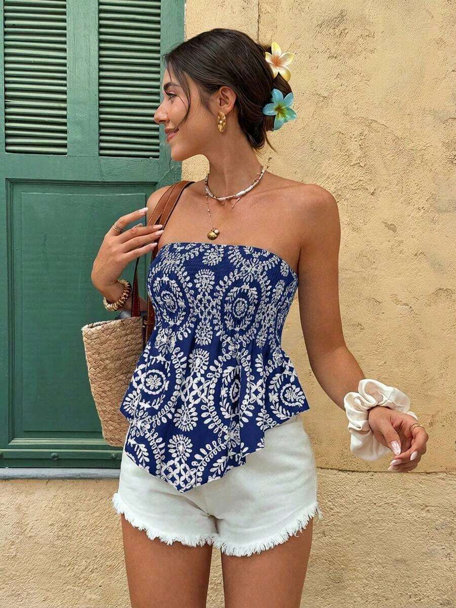 Top tubo/cropped con estampado de plantas para vacaciones de mujer - Azul marino - Ver 1
