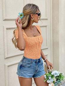 Camiseta de mujer de manga corta con cuello cuadrado, decoración de mariposa, textura jacquard de unicolor, primavera/verano - Naranja - Ver 7