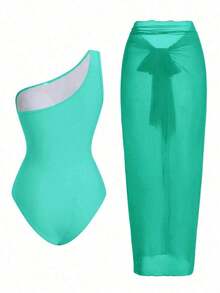 Swim Oasis Traje de baño de una pieza con panel de malla fruncida de unicolor y falda pareo - verde menta - Ver 2
