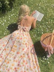 Vestido de verano con estampado floral elegante y lazo en la cintura para mujer - Amarillo 3 - Ver 3