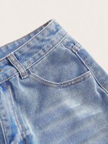Shorts vaqueros de tiro alto enrollados para verano - Azul lavado medio - Ver 5