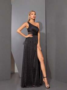 Vestido largo de gasa con cuello asimétrico, busto drapeado, cintura hueca y abertura alta en A, vestido de dama de honor para boda en primavera - Negro - Ver 4