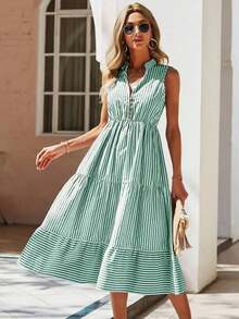 Vestido largo de línea A con cuello en pico y estampado de rayas, atuendo de vacaciones y playa para mujeres - Verde - Ver 6