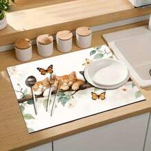 1pc Cute Cat & Butterfly Pattern Absorbent Drying Mat, Suitable For Dining Table And Cafe, Soft Natural Style Enhances Warmth, Multi-Purpose Drainage Mat, Home Gift, Desktop Decor - XYLSD-324 - View 9