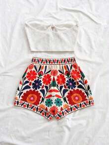 Conjunto informal de 2 piezas de top tubo corto anudado de unicolor y shorts con estampado floral para vacaciones de mujer - Blanco - Ver 2