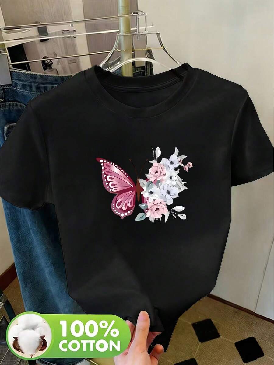Camiseta Clásica de Manga Corta y Cuello Redondo para Mujer,% Algodón, para Primavera, Verano y Otoño - Ropa Deportiva Casual Transpirable, Blusa Básica para Uso Diario y Ocio, Camiseta de Verano - Negro - Ver 1