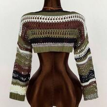 Striped Pattern Drop Shoulder Crop Sweater,Long Sleeve Tops - Multicolor - Ver 3